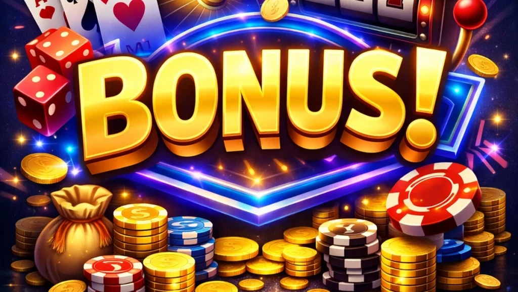 Bonus MidniteCasino banner with golden “BONUS” text, roulette wheel, 777 slot machine, playing cards, chips and coins against a night city skyline with fireworks.