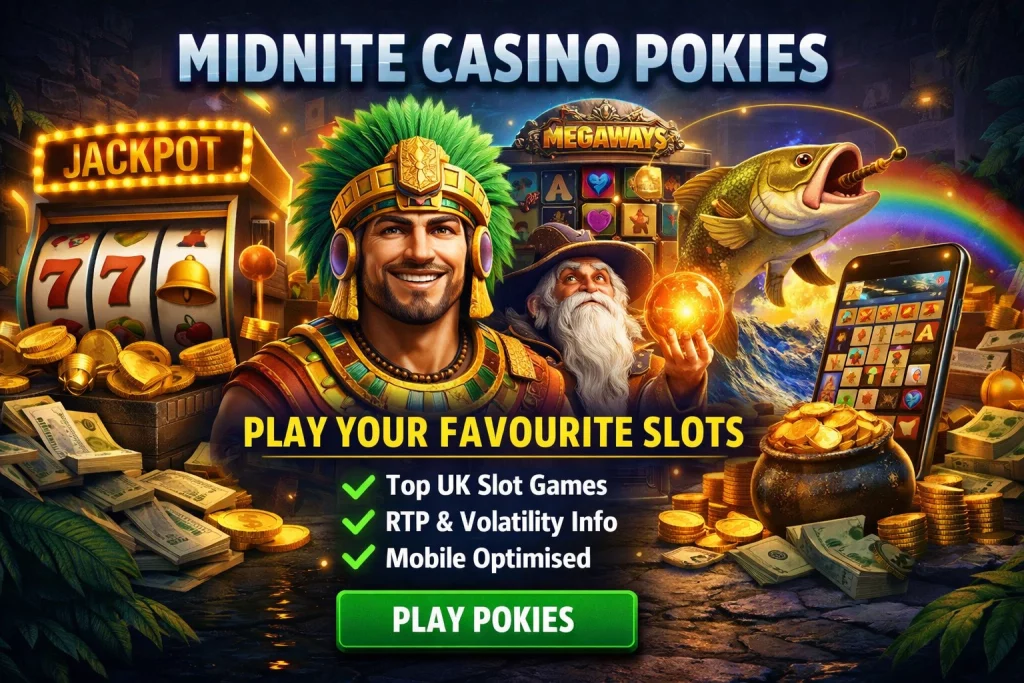 Midnite Casino Pokies promotional banner featuring jackpot slot machine, Megaways game screen, casino characters, gold coins and mobile slot interface for UK players