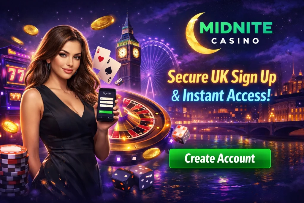 Midnite Casino UK Sign Up banner with London skyline, roulette wheel, casino chips and secure registration call-to-action button