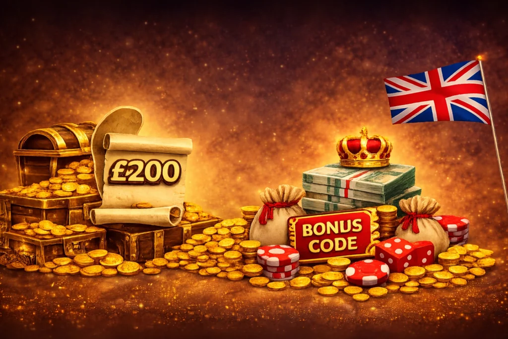 Midnite Casino UK no deposit bonus visual with £200 scroll, treasure chest, gold coins, bonus code sign and Union Jack flag in landscape format