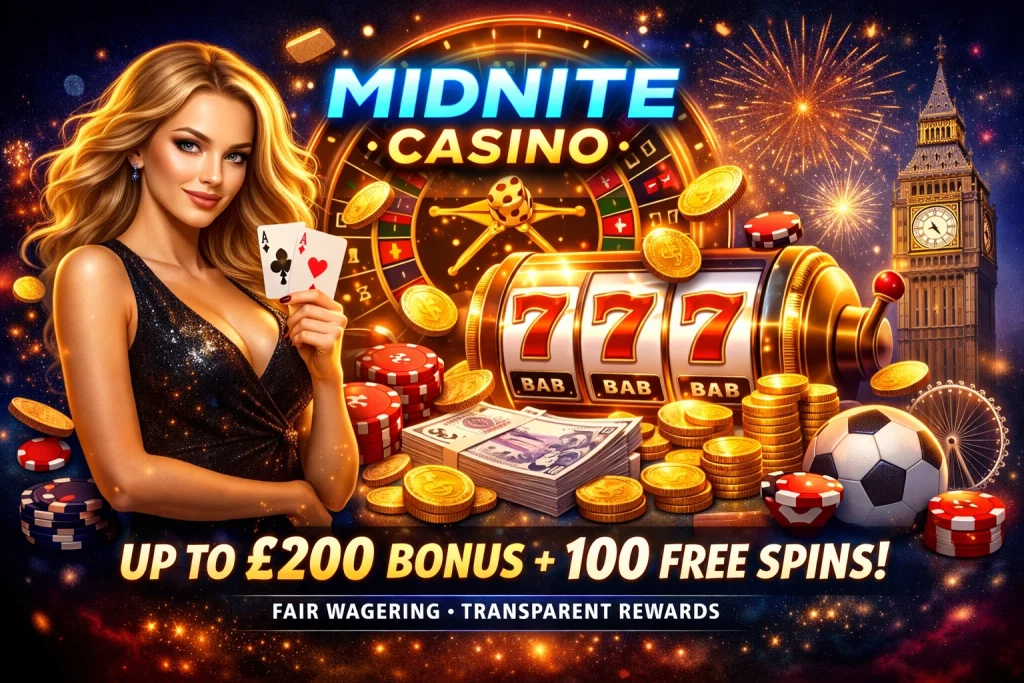 Midnite Casino bonus offers banner showing £200 deposit bonus, 100 free spins, slot machine 777, casino chips, gold coins and UK-themed background in landscape format.