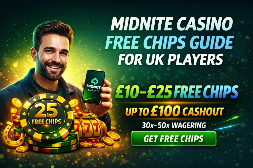 Midnite Casino Free Chips promotional illustration featuring £25 free chip offer, green and gold casino elements, and slot-style graphics in landscape format