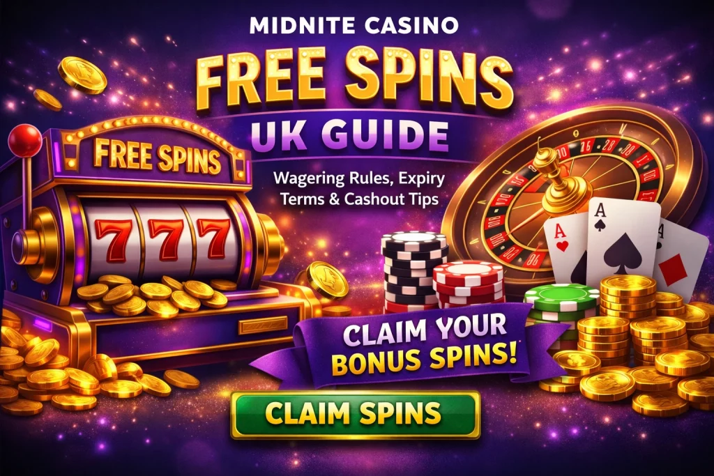 Midnite Casino Free Spins banner with slot machine 777, roulette wheel, poker chips, gold coins and Claim Spins button in purple and gold theme