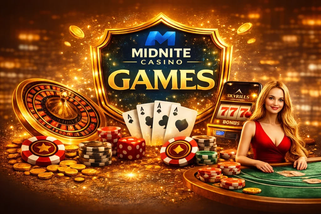 Midnite Casino Games banner featuring roulette wheel, poker chips, slot machine and live dealer in luxury gold setting