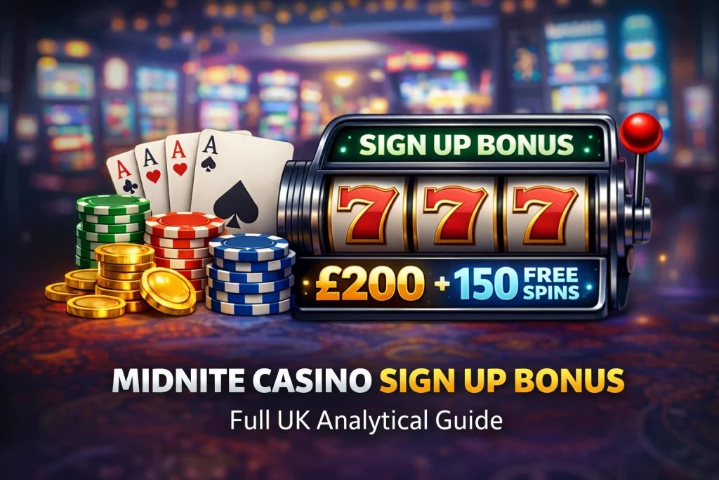 Midnite Casino Sign up Bonus banner showing £200 welcome offer and 150 free spins for UK players
