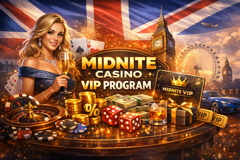 Midnite Casino VIP Program banner featuring UK skyline, roulette table, poker chips, gold coins, luxury car and VIP card in a premium casino setting