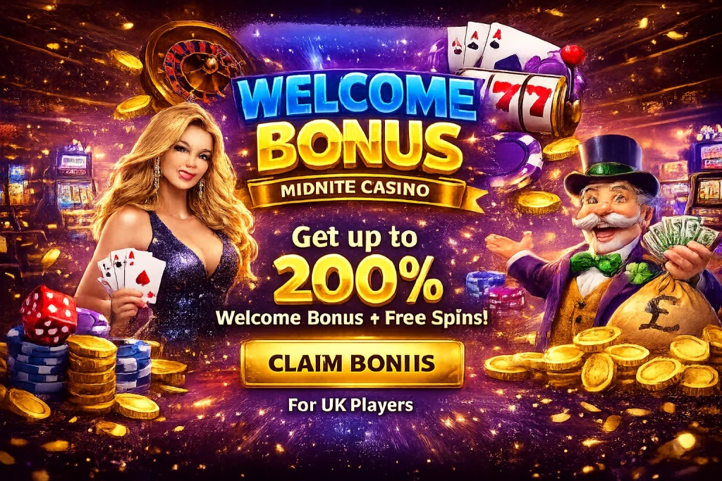 Midnite Casino Welcome Bonus banner with 200% deposit match, free spins, casino chips, roulette wheel and slot machine symbols in a gold and purple theme