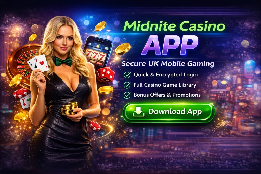 Midnite Casino App banner showing mobile gaming interface, secure UK login, casino chips, roulette wheel and green Download App button.