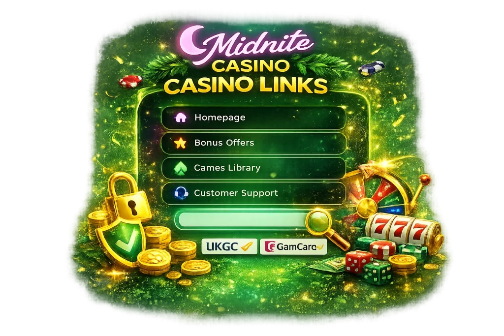 Midnite Casino Links banner featuring secure navigation buttons, green neon background, casino chips, roulette wheel, lock shield and UK regulatory badges.