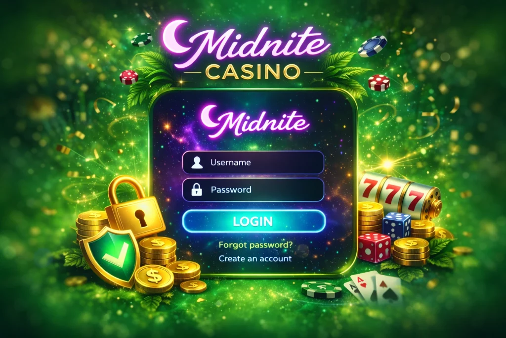 Midnite Casino login page interface with secure username and password fields, green neon background, casino chips, coins and security shield illustration.