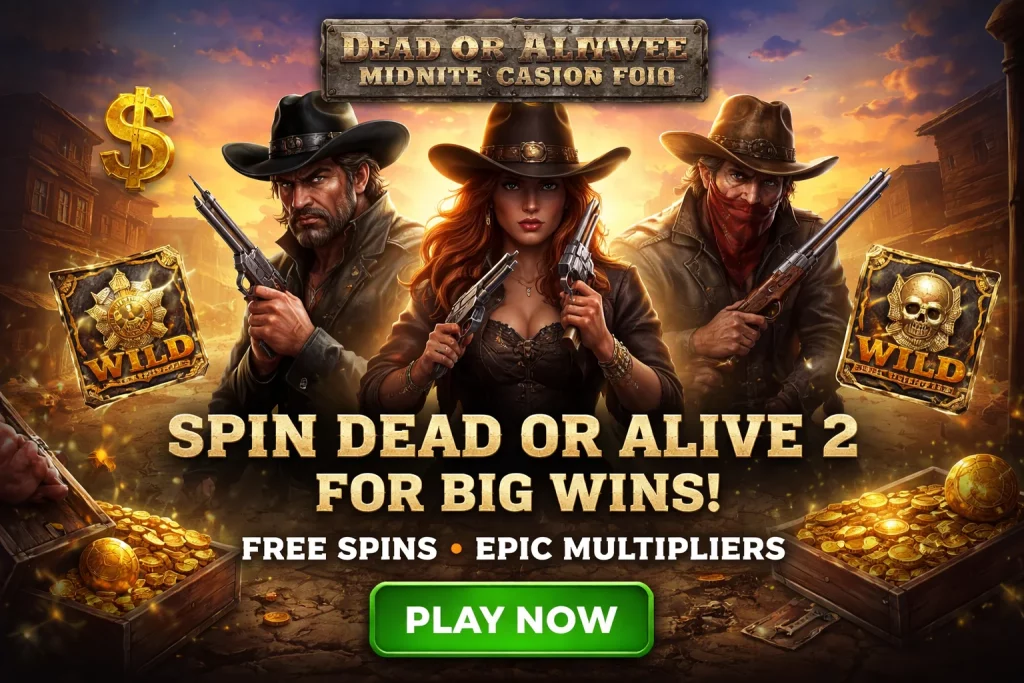 Dead or Alive 2 slot banner for Midnite Casino featuring three Wild West characters with pistols, gold coins, Wild symbols, and a 'Play Now' button.