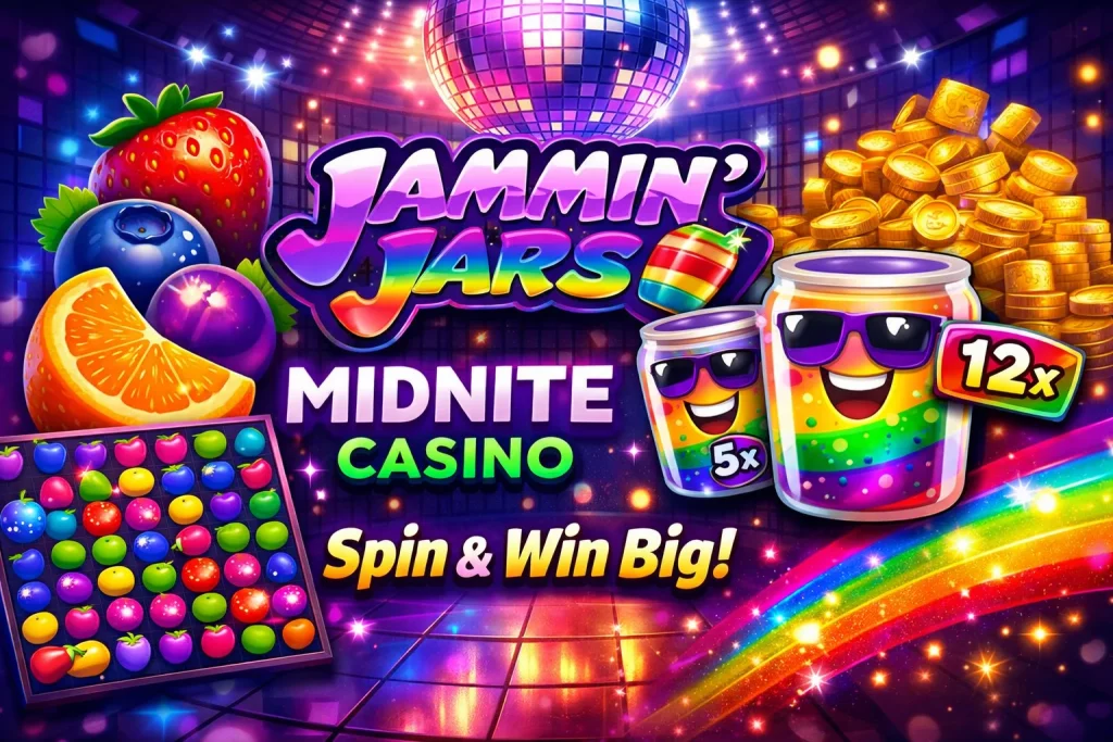Colorful Jammin’ Jars slot banner with disco theme, fruit symbols, multiplier jars, and Midnite Casino branding promoting big wins.