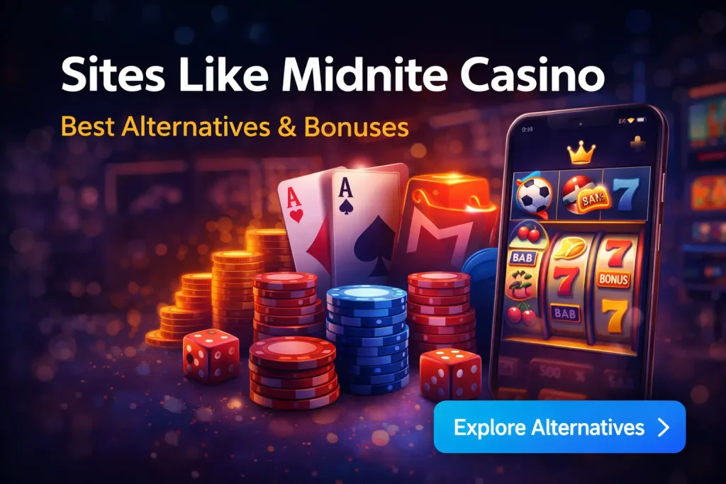 Sites like Midnite Casino banner with casino chips, playing cards, dice, mobile slot game and glowing coins on a dark background