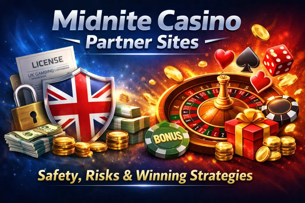 Midnite Casino Partner Sites Übersicht für UK-Spieler mit moderner Online-Casino-Oberfläche, Bonusangeboten und Vergleich verschiedener Plattformen