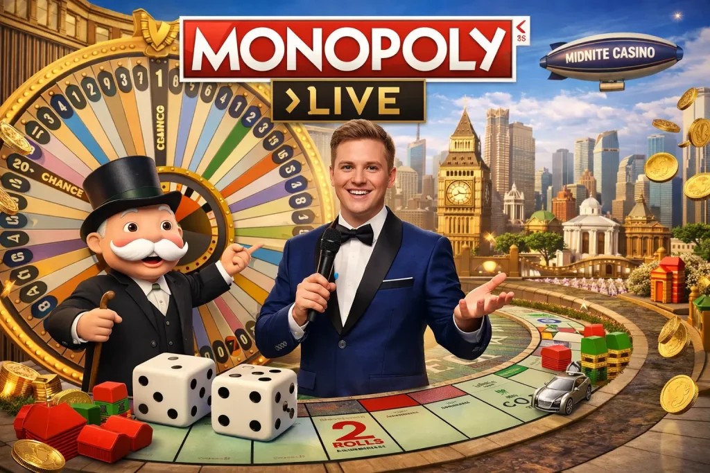 Promotional illustration for Monopoly Live featuring a glowing casino wheel, rich game-show lighting, and a lively Monopoly-inspired atmosphere.