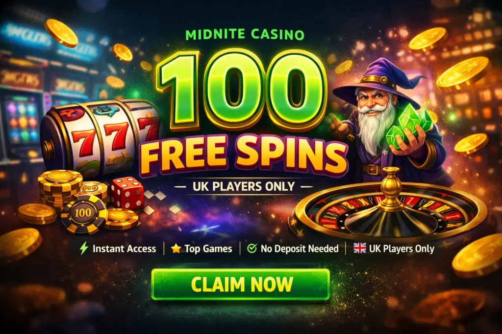 Midnite Casino 100 free spins promotion with slot machine, roulette and casino elements on neon background