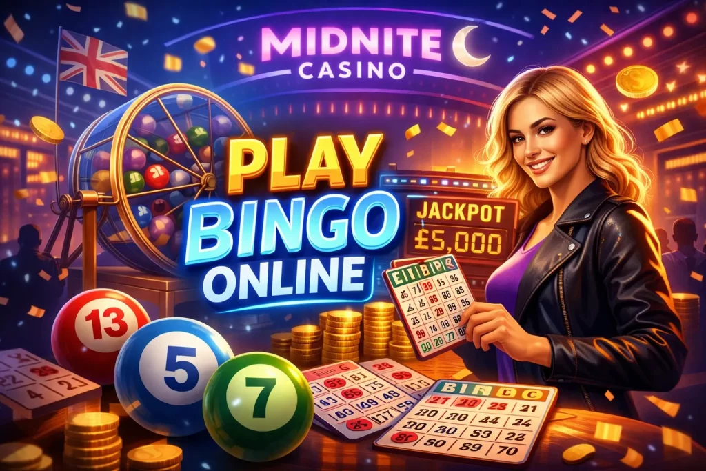 Woman holding a bingo card beside bright bingo balls and a Midnite Casino-style online bingo banner.