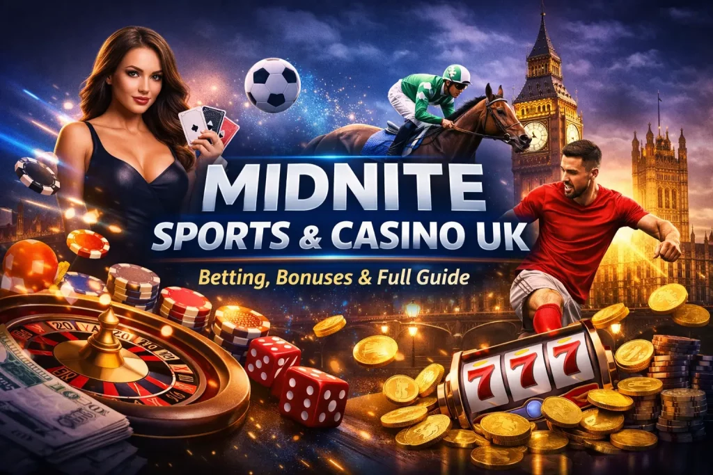 Midnite Sports and Casino UK banner with sports players, casino dealer, roulette, slot machine and coins on a night London background