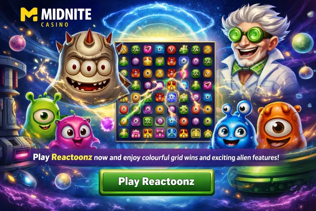 Landscape promotional banner for Reactoonz at Midnite Casino featuring colourful alien characters, a glowing sci-fi slot grid, and a bright futuristic casino theme.