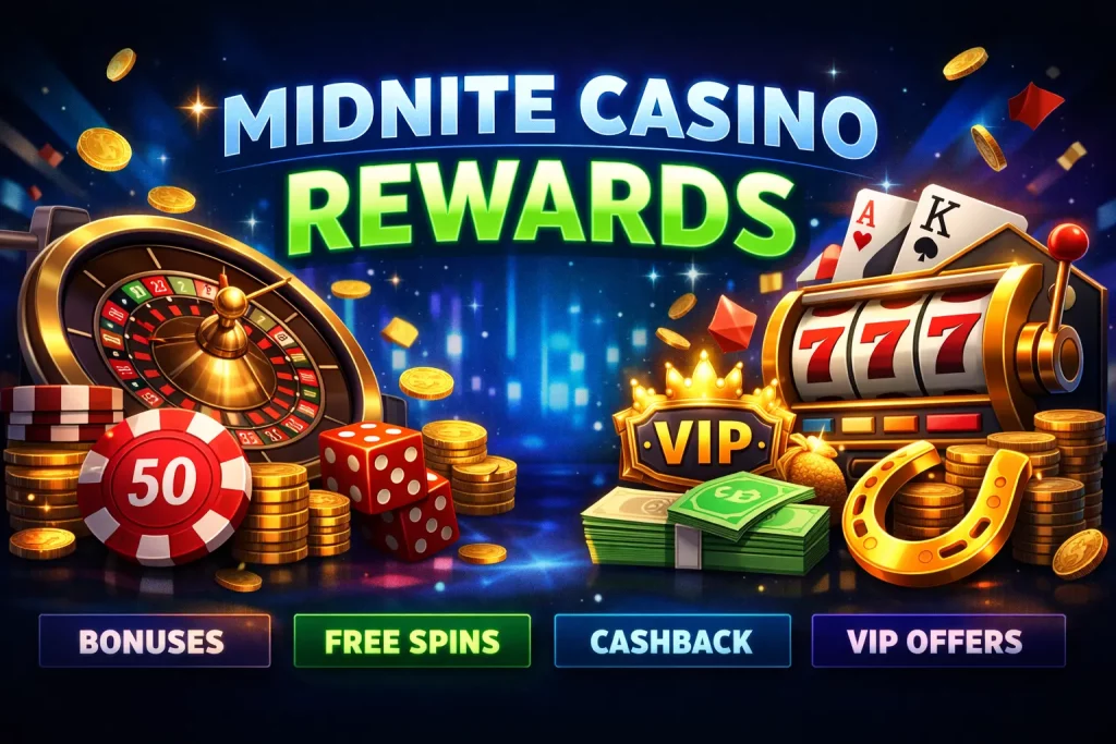 Midnite Casino Rewards Banner mit Spielautomaten, Roulette, Goldmünzen, VIP-Bonus und Freispiele-Angeboten für UK-Spieler