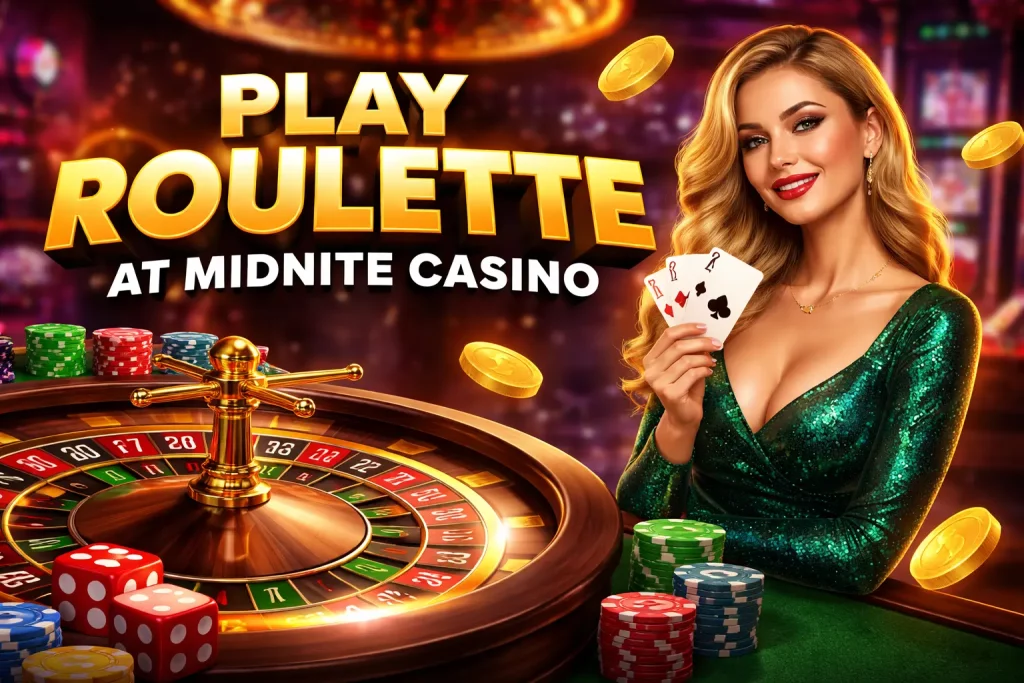 Promotional roulette banner with a glowing roulette wheel, casino chips, gold coins, and a glamorous player in a green dress at Midnite Casino.