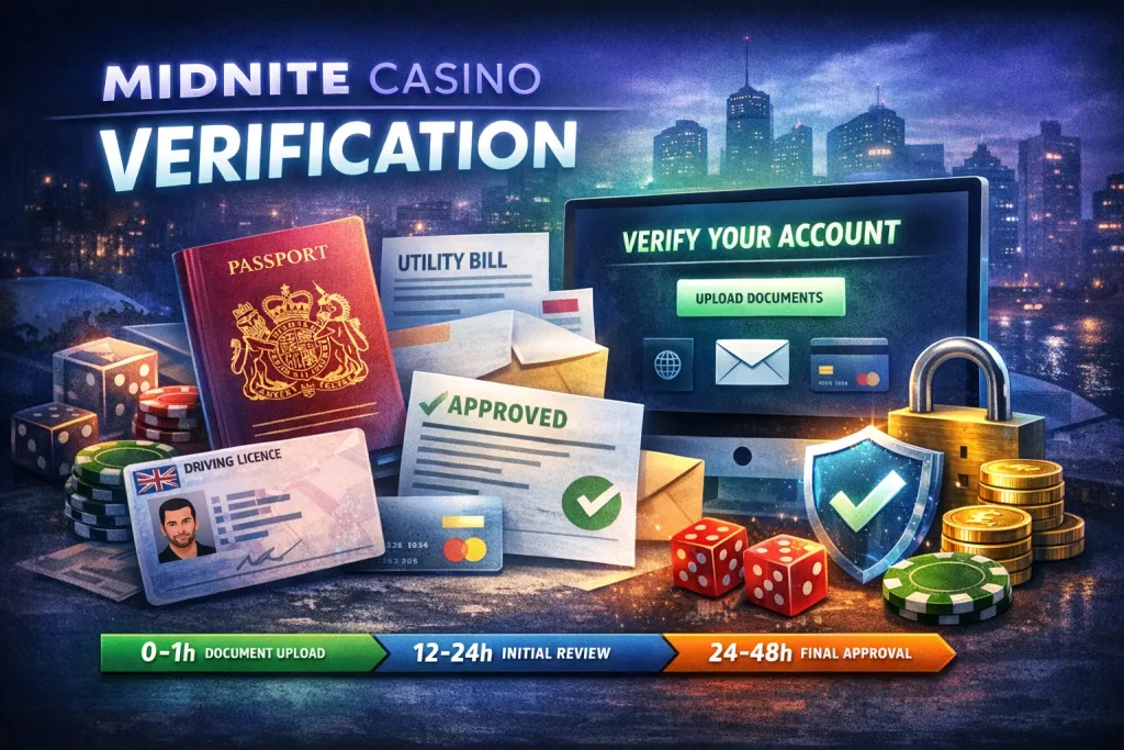 Midnite Casino account verification concept with documents, secure approval process and online identity check system in UK gambling environment