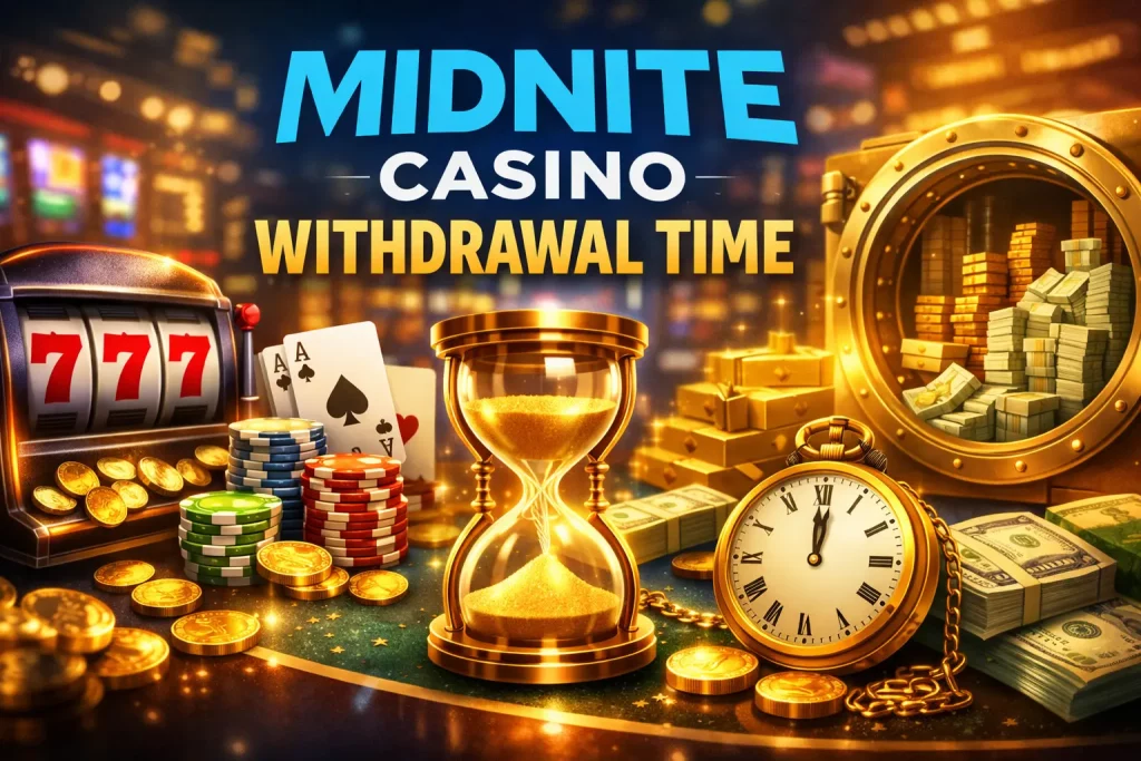 Midnite Casino withdrawal time banner with slot machine, casino chips, cards, hourglass and fast payout concept for UK players
