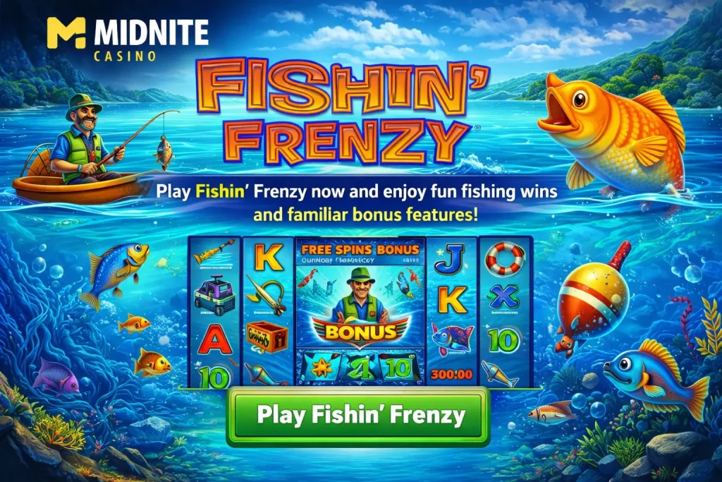 Landscape promotional banner for Fishin’ Frenzy at Midnite Casino featuring a cheerful fisherman, sea-themed slot symbols, and a bright fishing adventure casino design.