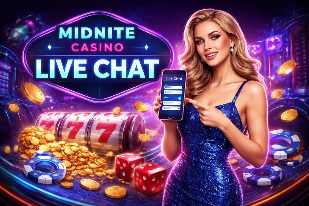 Midnite Casino Live Chat concept with casino interface, online support on smartphone and neon gaming background