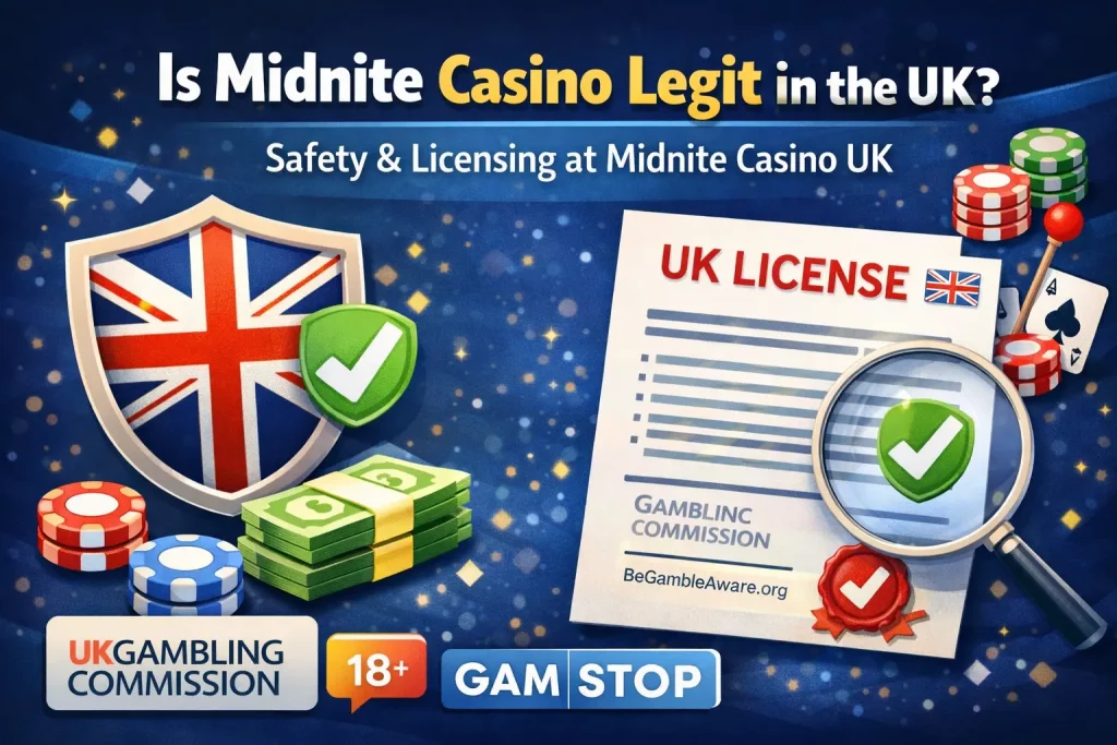 Is Midnite Casino legit in the UK illustration with UK license, security shield, and casino elements showing safety and regulation