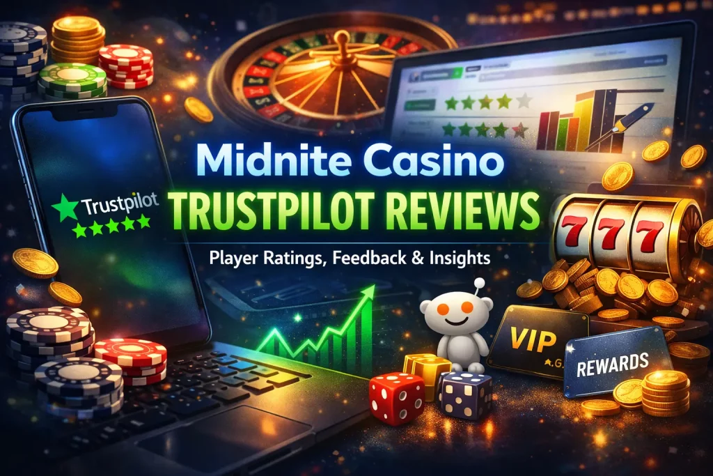 Midnite Casino Trustpilot reviews banner with rating stars, casino elements, chips, slot machine and player feedback visuals on a dark background