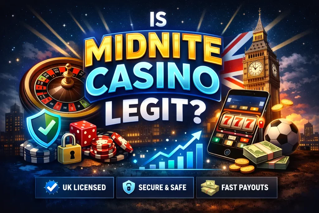 Modern online casino interface with security shield, digital elements and gaming symbols representing trust, safety and legitimacy of Midnite Casino