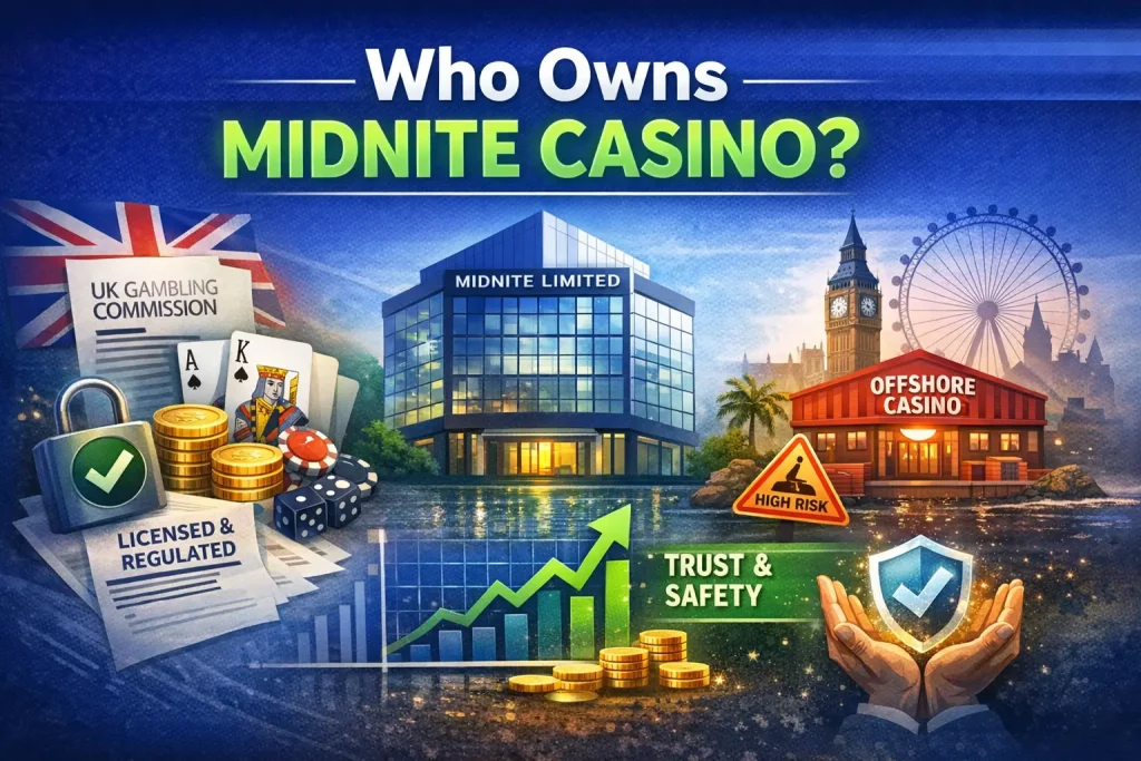 Who owns Midnite Casino illustration showing Midnite Limited company, UK Gambling Commission license, trust indicators and offshore vs regulated comparison for UK players