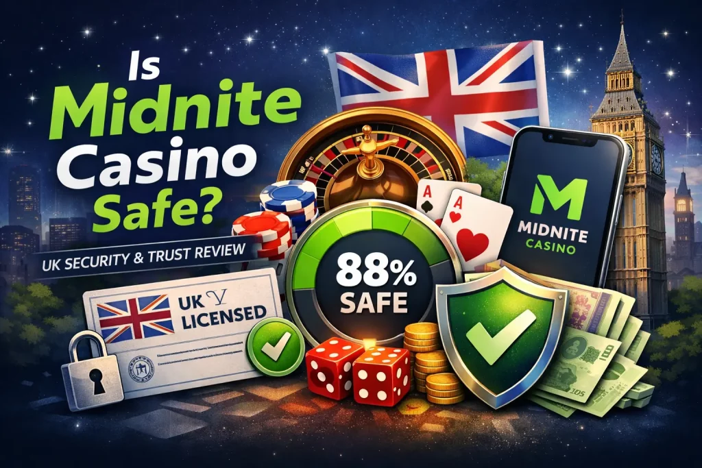 Is Midnite Casino safe UK illustration with security shield, UK license badge, casino chips, roulette, and 88% safety score visual