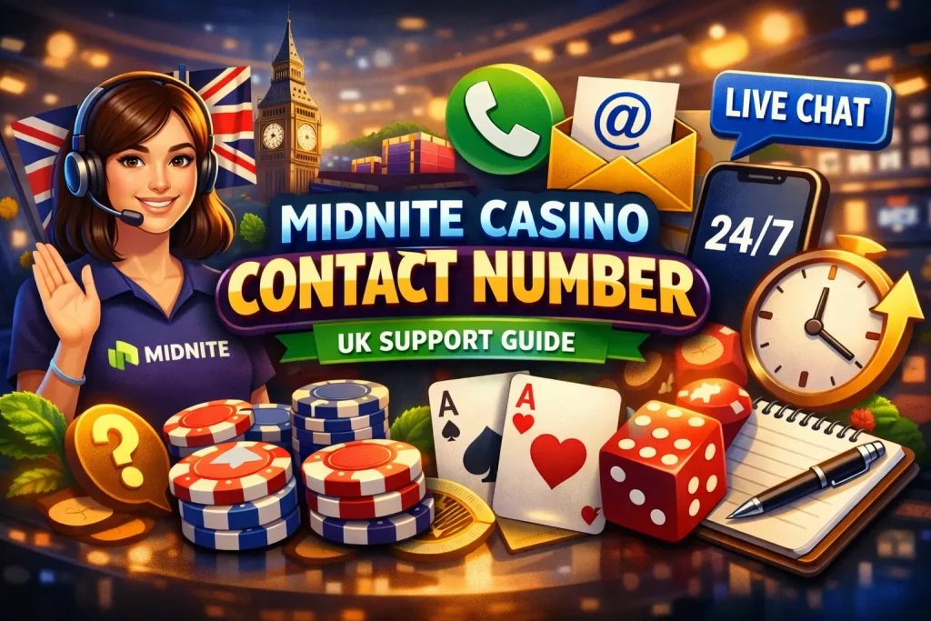 Midnite Casino contact number banner with support agent, live chat, email icons, UK theme and customer service options for players