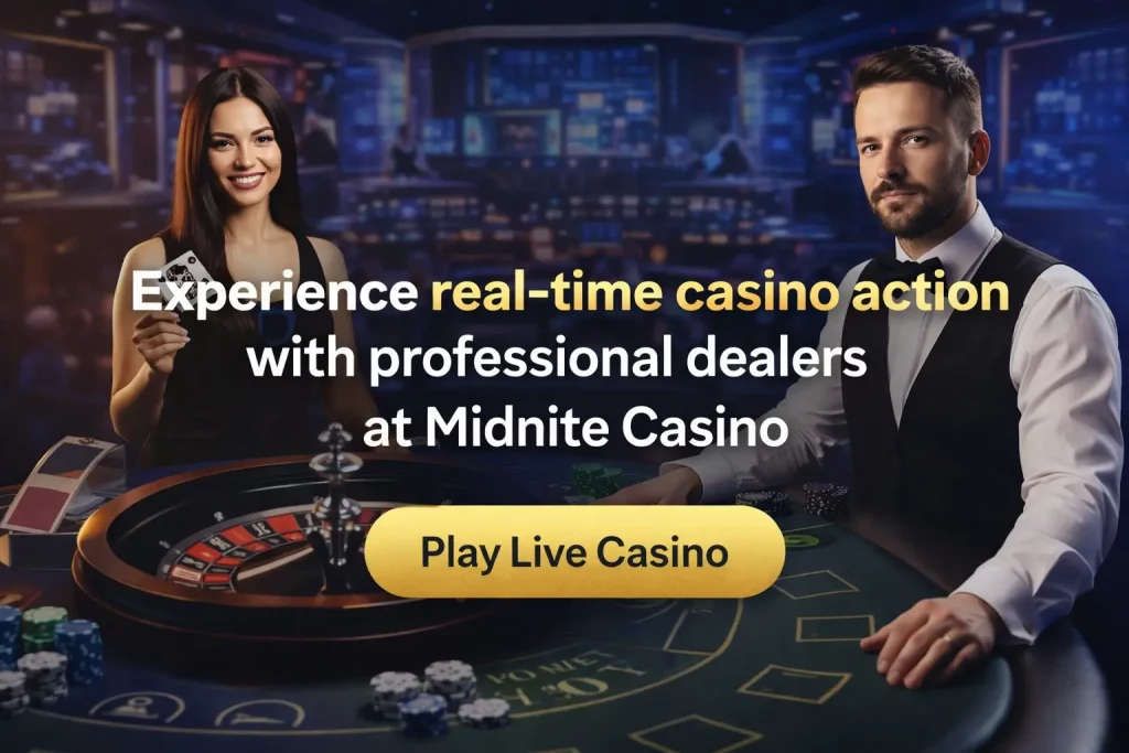 Live casino scene with a professional dealer, roulette wheel, and players enjoying real-time games at Midnite Casino.
