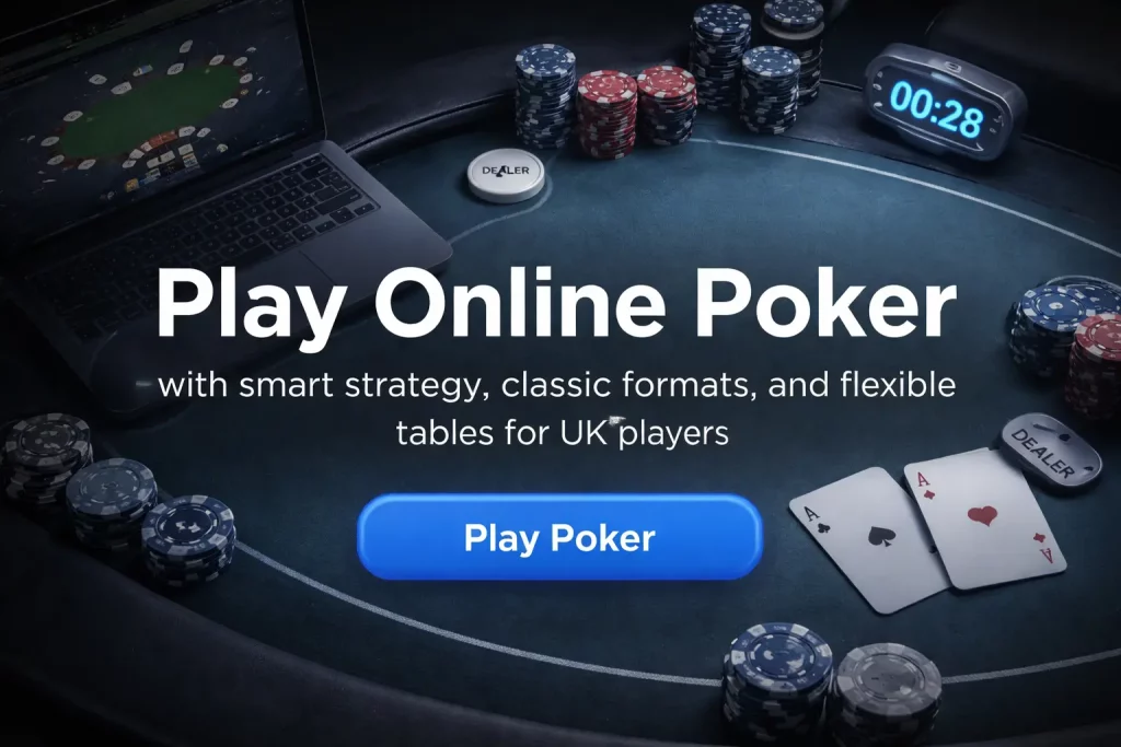 Landscape poker banner with playing cards, chips, and a stylish online casino atmosphere for UK players.