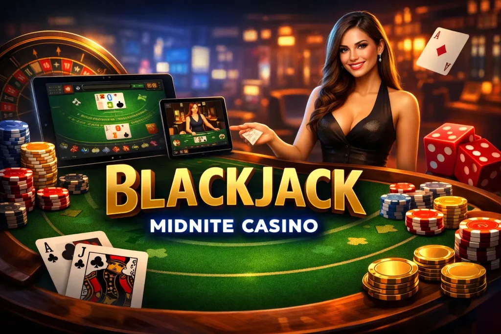 Blackjack promotional banner with playing cards, casino chips, a green felt table, and a stylish live-casino atmosphere for Midnite Casino.