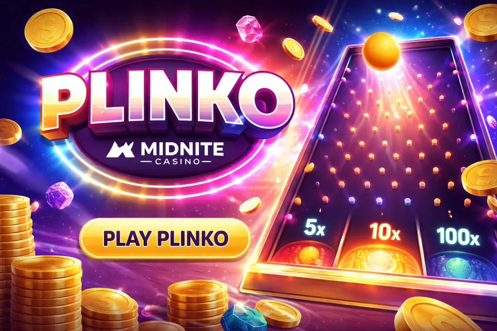 Colorful Plinko board with falling ball, multipliers, coins, and Play Plinko button promoting the Plinko game at Midnite Casino.