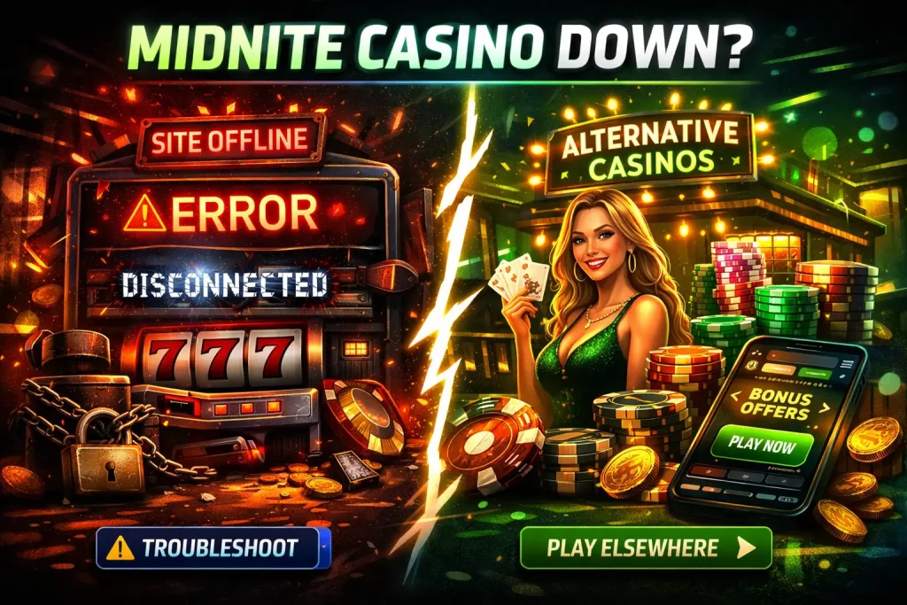 Midnite Casino down concept showing offline error slot machine on one side and active alternative casinos with player and bonus offers on the other side