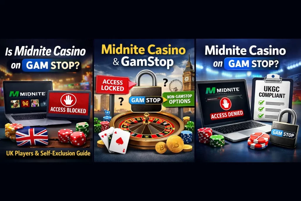 Midnite Casino on GamStop concept showing blocked access screens, UK regulation elements, and self-exclusion restrictions for UK players