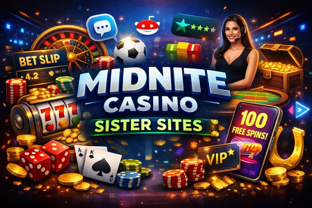 Midnite Casino sister sites banner with neon casino elements, multiple platforms, slot games, coins and glowing rewards on a dark background