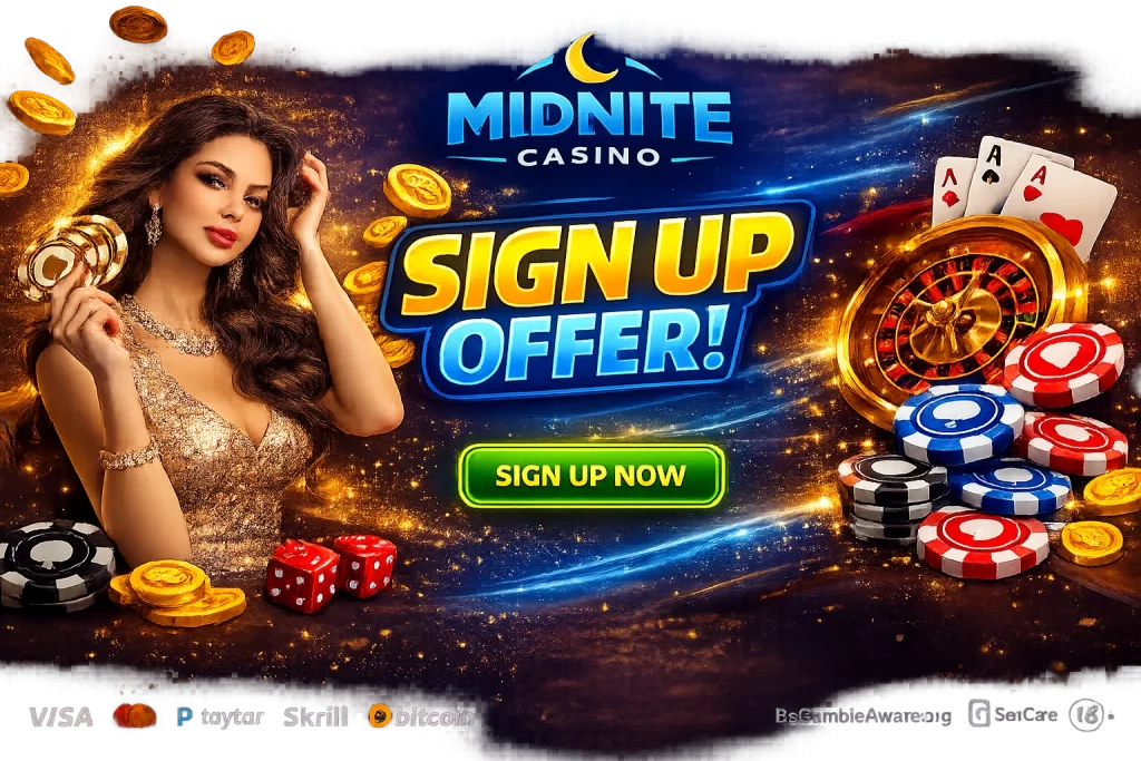 Promotional banner for Midnite Casino with a sign-up offer, featuring gaming elements and bonuses.