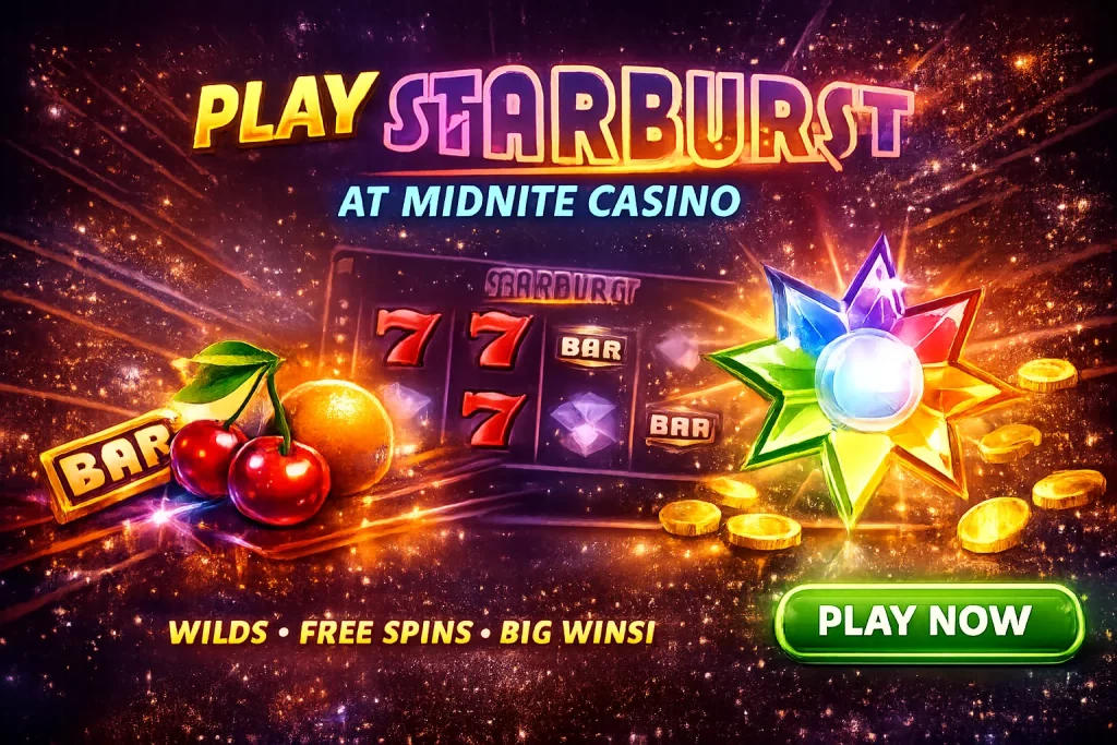 Starburst slot game promotion with vibrant colors and casino elements