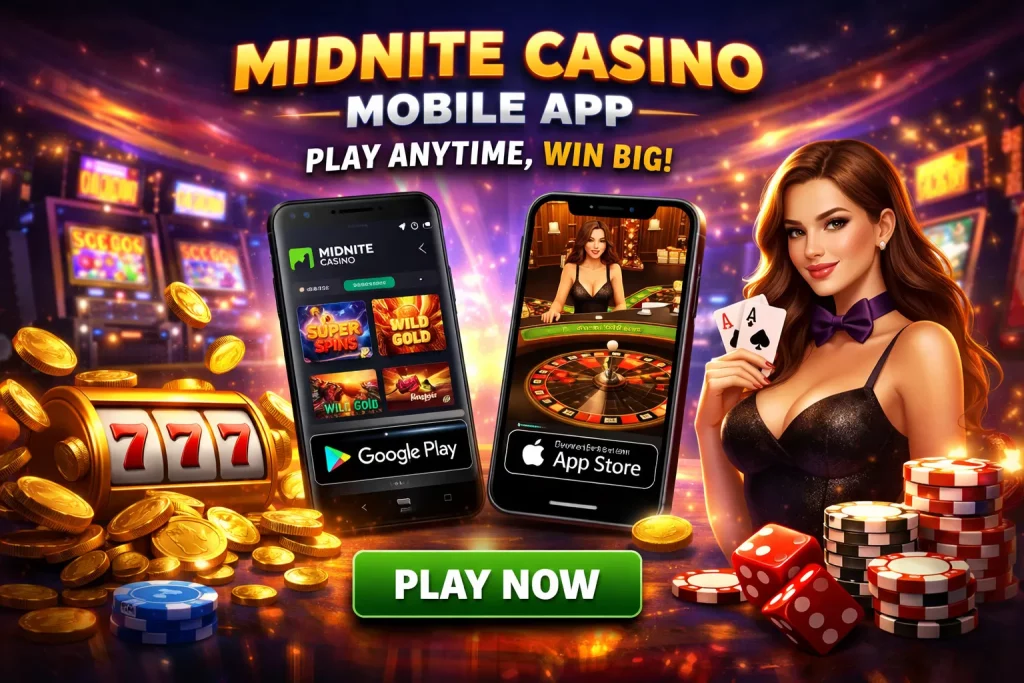 Midnite Casino Mobile App promotion featuring Android and iPhone screens, slot games, live roulette, casino elements, and a 'Play Now' button.