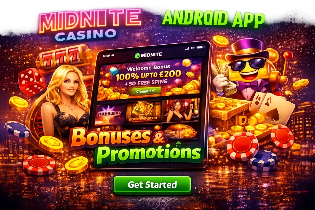 Midnite Casino Android app promotion with welcome bonus and vibrant casino elements.