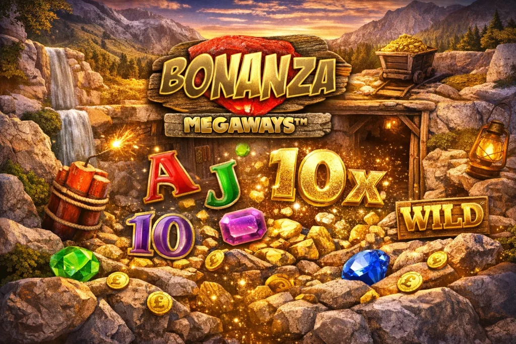 Bonanza Megaways slot banner with a mining theme, showing gold coins, gemstones, dynamite, wild symbols, and multipliers in a rocky landscape with waterfalls and mountains.