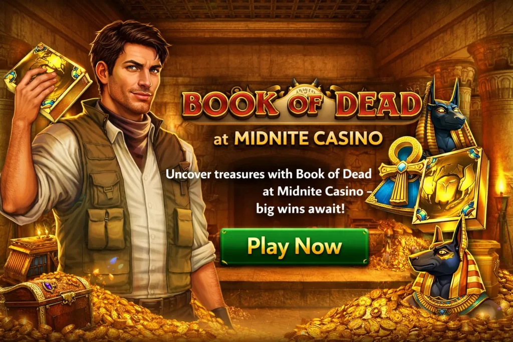 A digital illustration for the Book of Dead slot game, featuring Rich Wilde, the adventurous explorer, with ancient Egyptian symbols and treasures in the background.