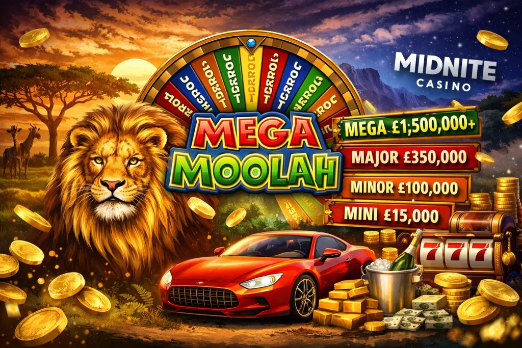 Mega Moolah promotional banner featuring a majestic lion, safari animals, a red sports car, coins, gold bars, jackpot wheel, and casino elements highlighting Mega, Major, Minor, and Mini jackpots at Midnite Casino.