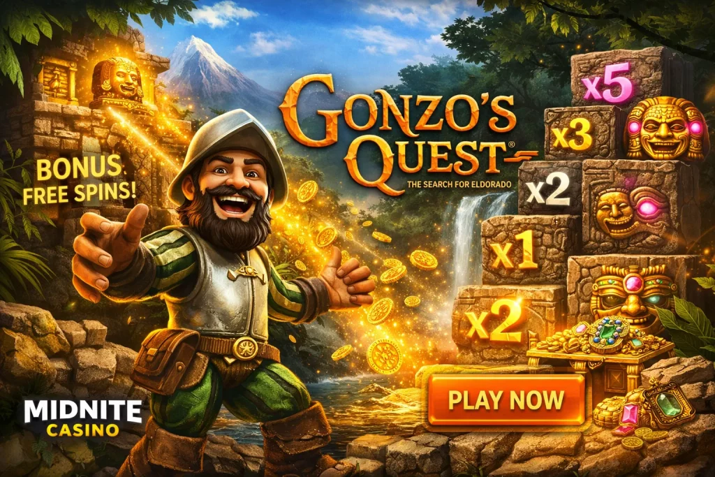 Digital illustration for the Gonzo’s Quest slot game, featuring Gonzo, the adventurer, with ancient ruins and treasures in the background.